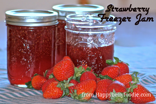 Easy No Cook Strawberry Freezer Jam. Four simple ingredients make this delicious recipe. from Happybellyfoodie.com