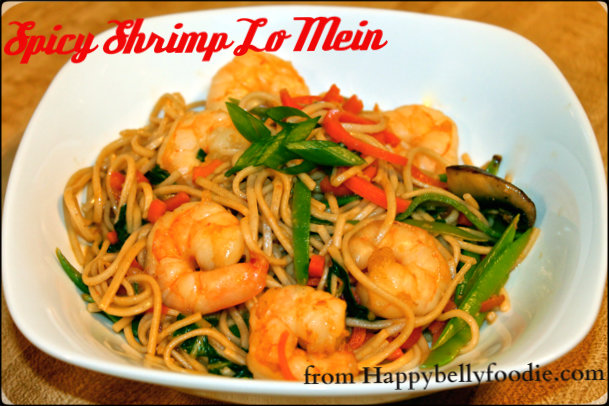 Spicy Shrimp Lo Mein is a terrific weeknight choice. Healthy, quick and happy! from Happybellyfoodie.com