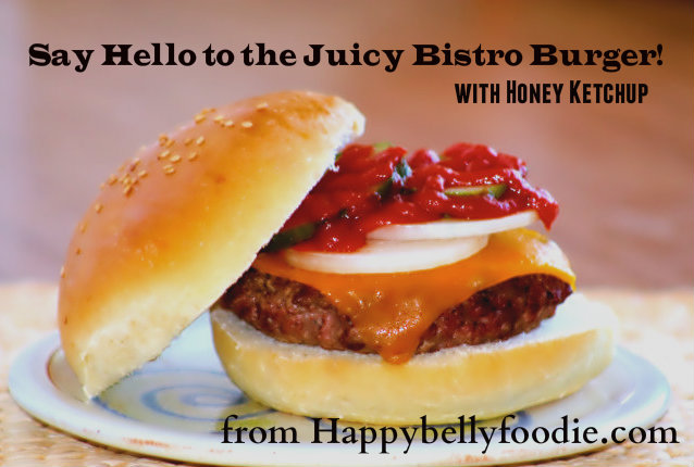 Juicy Bistro Burgers with Honey Ketchup ~ Say goodbye to dull, dry burgers. Get the scoop on how to make 'em WAY better at Happybellyfoodie.com