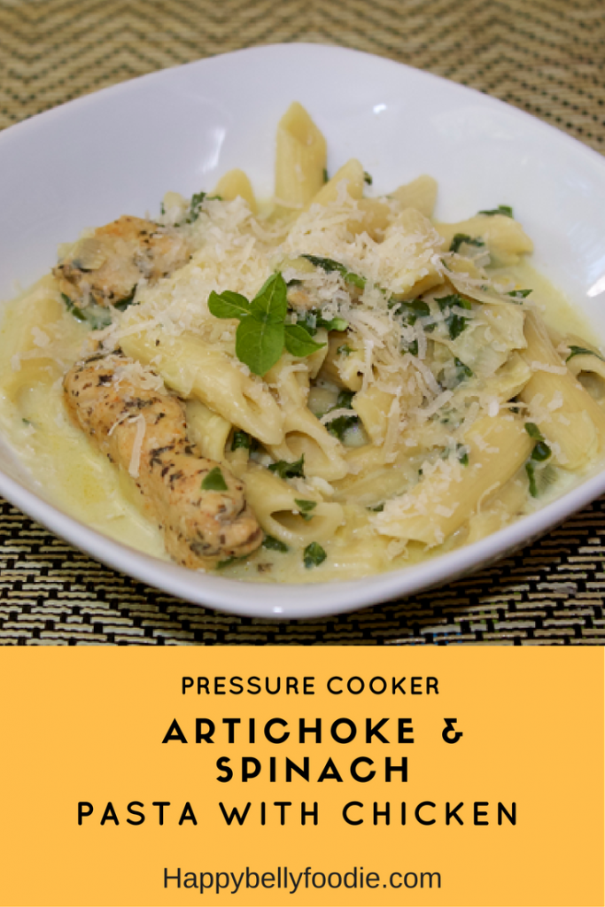 Pressure Cooker Artichoke & Spinach Pasta with Chicken is a wonderful dish created with famous hot artichoke & spinach dip in mind. Perfect for a meal!
